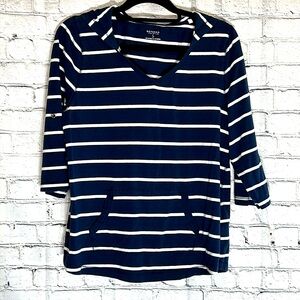 ⭐️Sonoma blue white striped pullover hoodie kangaroo pocket button tab sleeves S